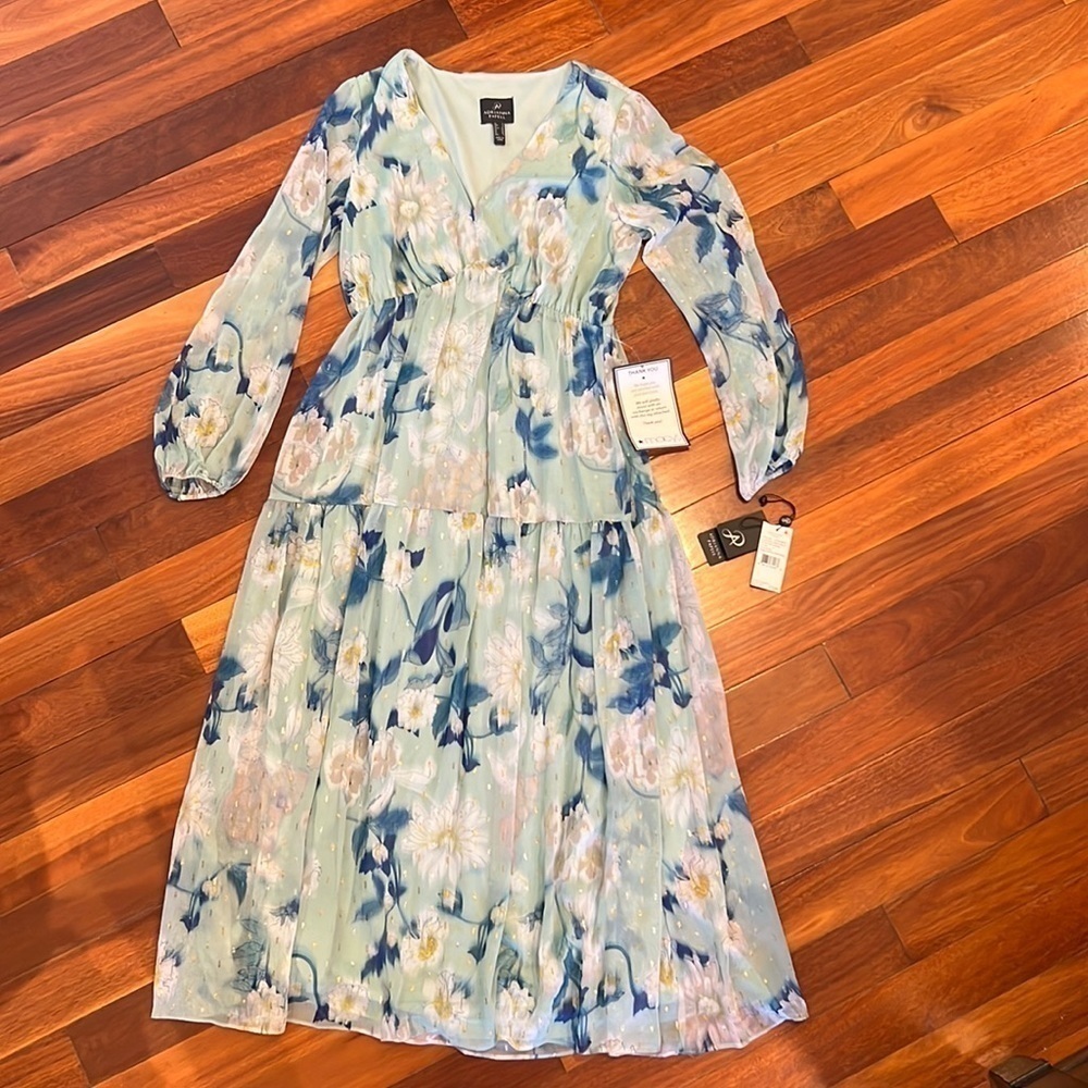 Adrianna Papell Mint Floral V-Neck Long Sleeve Midi Dress - Picture 3 of 10